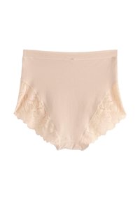 Beige hipster-tyylinen alushousu, jossa on pehmeä puuvillakangas ja kukkakuvioinen pitsisomistus sivuilla, sekä aaltoilevat reunat.