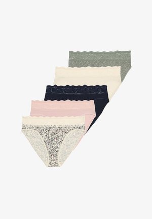 Cinq paires de sous-vêtements féminins de différentes couleurs : bleu marine foncé, rose clair, crème, vert à pois et motif floral. Dentelle à la taille.