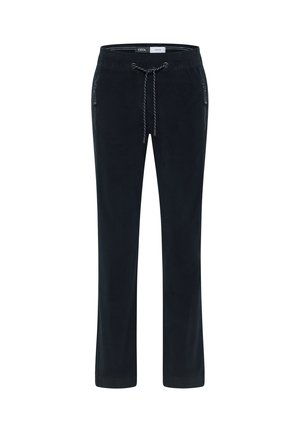 Un pantalon de survêtement bleu marine en tissu doux, avec une taille à cordon, deux poches latérales zippées et une coupe droite.