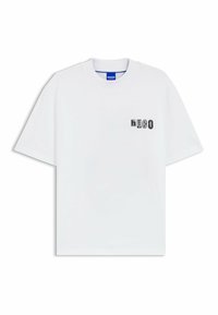 White short-sleeve T-shirt with round neck, featuring small "hugo" text logo in varying grayscale fonts on the left chest.