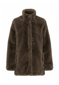 Brun faux fur frakke med høj krave, lange ærmer og lige snit. Blød tekstur og en design uden knapper foran.