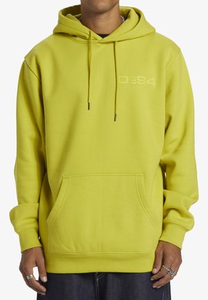 Bright yellow hoodie with a front kangaroo pocket, drawstring hood, and logo detail. Made of soft fabric, featuring ribbed cuffs and hem.