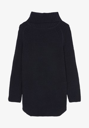 Pull en maille bleu marine avec un col haut replié, des épaules tombantes et un motif texturé. Il présente un ourlet légèrement incurvé et des manches longues.