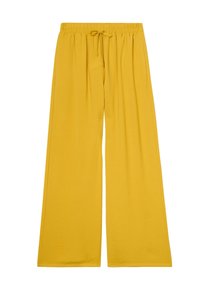 Helle, gelbe, weit geschnittene Hose aus weichem Stoff, mit einem elastischen Bund und einer Kordel zur Anpassung der Passform.