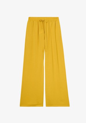 Bright yellow wide-leg pants made of soft fabric, featuring an elastic waistband with a drawstring for adjustable fit.