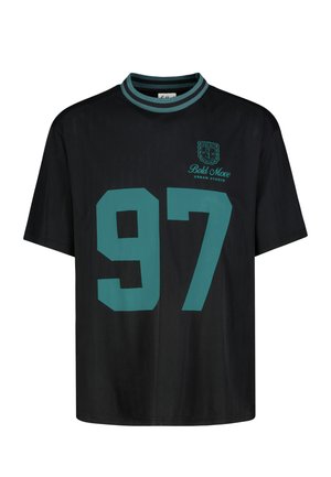 Black short-sleeve t-shirt with teal striped collar, large number 97 on front, and small teal text reading "Bold Move Urban Studio" with crest logo.