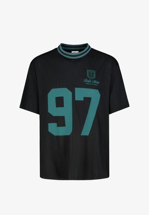 Black short-sleeve t-shirt with teal striped collar, large number 97 on front, and small teal text reading "Bold Move Urban Studio" with crest logo.