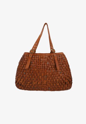 Kootud pruun nahast käekott kahe rihmaga, metallist nupukestega ja avara disainiga, millel on tekstureeritud viimistlus ja keeruline muster.