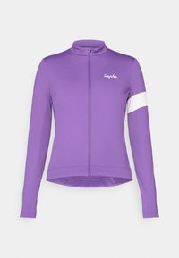 Casaco de ciclismo roxo com mangas longas, gola alta e detalhe branco no braço esquerdo. Apresenta um fecho zíper de comprimento total e um design elegante.