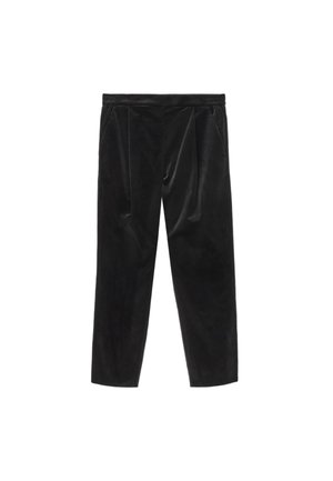 Zwarte fluwelen broeken met een relaxte pasvorm, voorzien van twee voorplooien, taps toelopende benen en een elastische tailleband voor comfort.