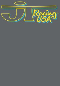 Den grå baggrund prydes af fed, farverig tekst. "JT" er omkranset af gult med en blå skygge, og "Racing USA" er i en håndskrevet stil, hovedsageligt gul.