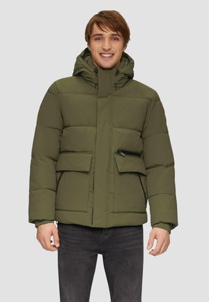 Green padded jacket with a zippered chest pocket, two front pockets, adjustable hood, and textured finish. Suitable for cold weather.