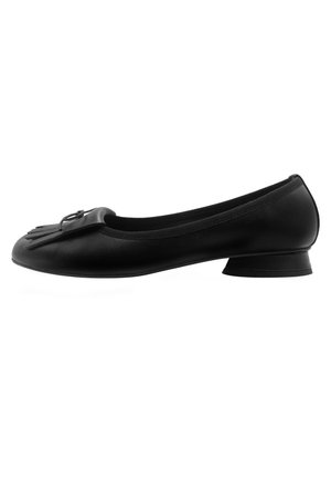 Black ballet flat featuring a rounded toe, a decorative leather tassel, and a low block heel. Smooth leather texture with subtle sheen.