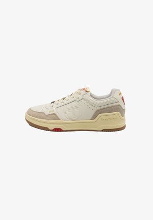 White leather sneakers with light grey suede accents, textured side panels, and red details. Features a logo and padded collar.