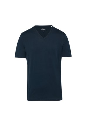 Marineblaue T-Shirt mit kurzen Ärmeln und V-Ausschnitt, aus weichem Stoff gefertigt. Mit einem dezenten Logo an der Vorderseite nahe dem Kragen. Einfaches Design.