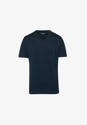 Marineblaue T-Shirt mit kurzen Ärmeln und V-Ausschnitt, aus weichem Stoff gefertigt. Mit einem dezenten Logo an der Vorderseite nahe dem Kragen. Einfaches Design.