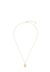 Aukso spalvos kaklo vėrinys su plona grandinėle ir tekstūruotu ovaliu pakabuku, kuriame yra gėlių raštas. Reguliuojamo ilgio su užsegimu.