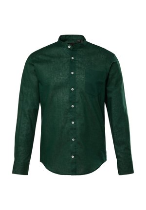 Groene linnen overhemd met een mandarinekraag, lange mouwen en een enkele borstzak. Bevat knopen aan de voorkant en een gestructureerde stof.