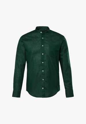 Grüne Leinenbluse mit mandarin-Kragen, langen Ärmeln und einer einzelnen Brusttasche. Verfügt über Frontknöpfe und einen strukturierten Stoff.