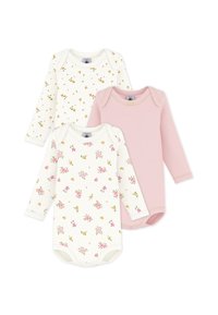 Τρία μακρυμάνικα παιδικά κορμάκια: ένα λευκό με πράσινο και κίτρινο λουλουδάτο σχέδιο, ένα λευκό με ροζ λουλουδάτο σχέδιο και ένα μονόχρωμο ροζ.