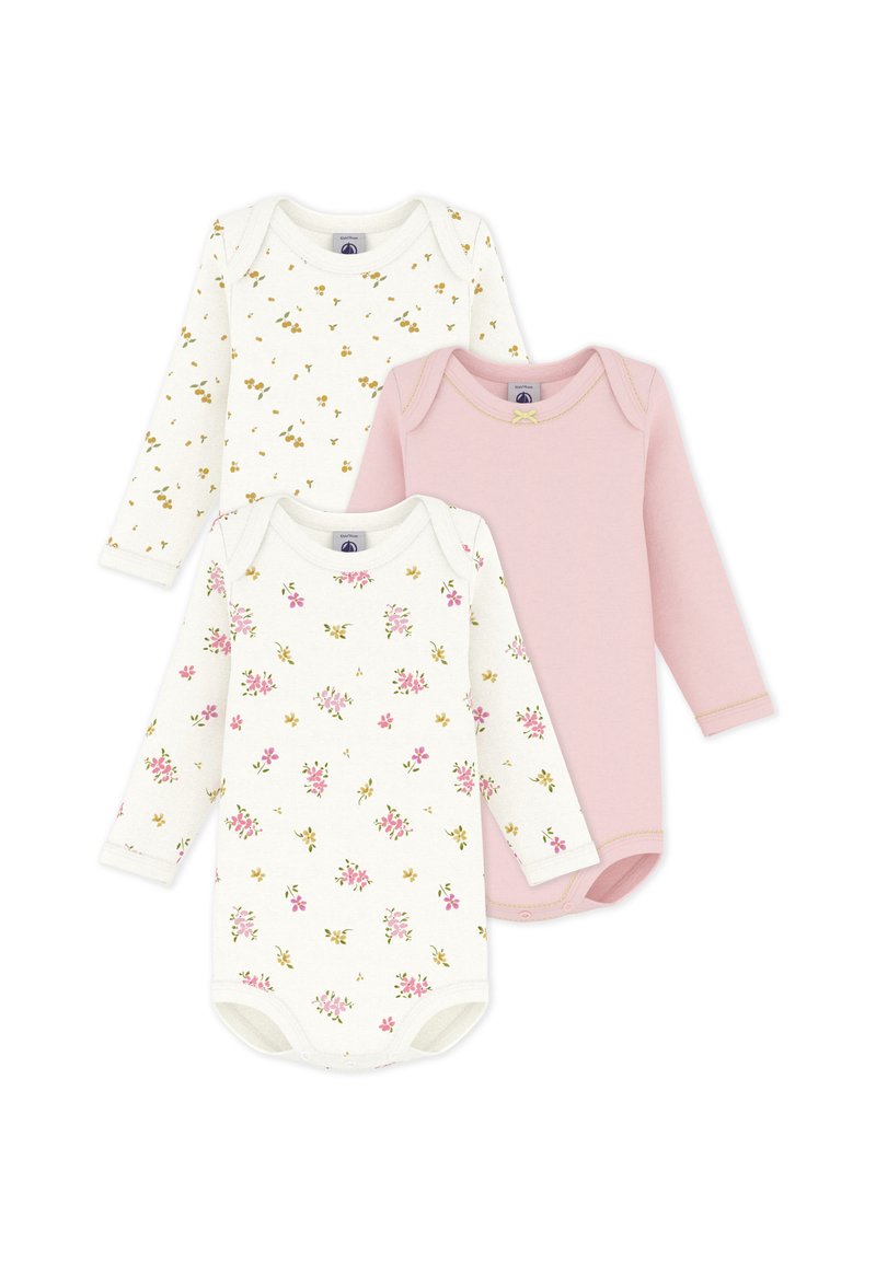 Τρία μακρυμάνικα παιδικά κορμάκια: ένα λευκό με πράσινο και κίτρινο λουλουδάτο σχέδιο, ένα λευκό με ροζ λουλουδάτο σχέδιο και ένα μονόχρωμο ροζ.
