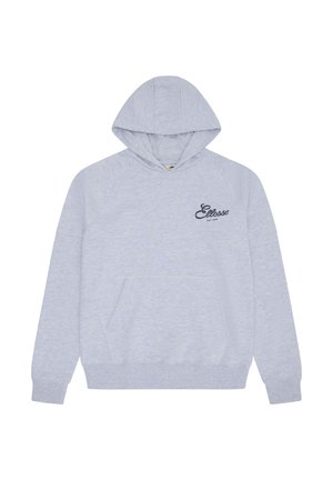Hellgraues Kapuzensweatshirt mit Fronttasche und kleinem dunklem Logo-Schriftzug auf der oberen linken Brust.