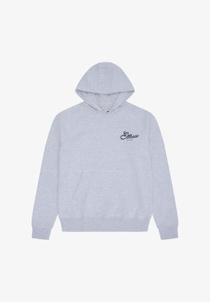 Vaaleanharmaa huppari, jossa etutasku ja pieni tumma logoteksti vasemman ylärinnan alueella.