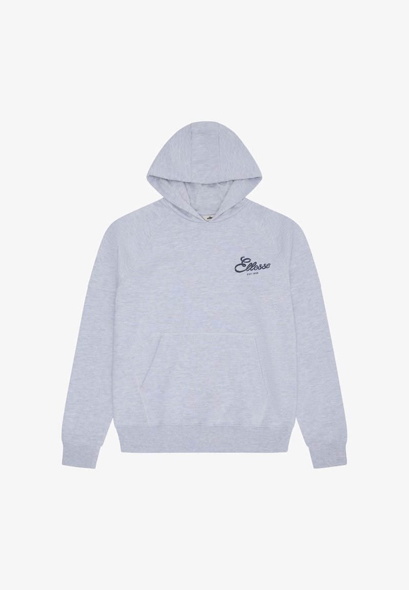 Svetlosivá mikina s kapucňou, predným vreckom a malým tmavým nápisom loga na hornej ľavej strane hrudníka.