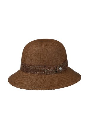 Brown woven cloche hat with a narrow brim and a textured decorative band featuring a small round metal accent.