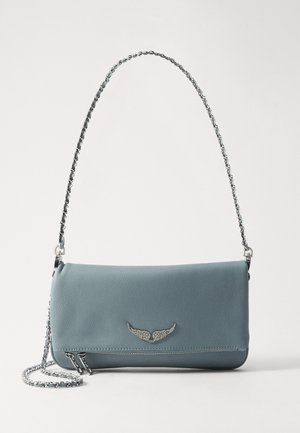 Light blue leather handbag with a chain strap, featuring a silver wing accent and side zip detail. Smooth texture with a structured shape.