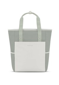 Borsa a spalla in verde chiaro e bianco, con una forma rettangolare, manici robusti e una tasca frontale. Realizzata in materiale resistente.