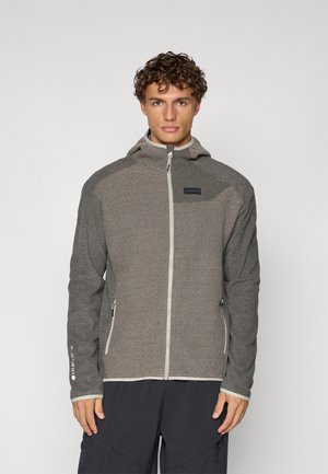 Gray zip-up jacket with a textured knit fabric, contrasting lighter trim, and a hood. Features side pockets and a chest logo.