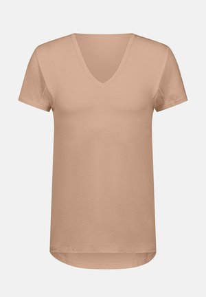 V-neck, short-sleeve t-shirt in soft, light beige mesh fabric with a relaxed fit and rounded hem, designed for comfort and breathability.