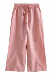Lichtroze wijde broek gemaakt van textiel met structuur. Voorzien van een elastische tailleband met een trekkoord en zijzakken.