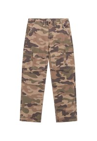 Cargo broeken in een camouflagepatroon met tinten tan, groen en bruin. Bevat twee voorkruiken en twee zijflapzakken. Van katoenmateriaal.