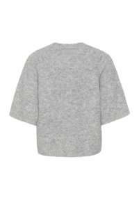 Short-sleeve, light grey knit sweater with a soft texture and scoop neckline. Slightly cropped, with a relaxed fit and no visible fastenings.