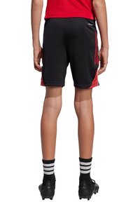 Zwarte sportshorts met rode zijaccenten, gemaakt van lichtgewicht materiaal. Kenmerken zijn een elastische tailleband, een gladde textuur en een logo-detail.