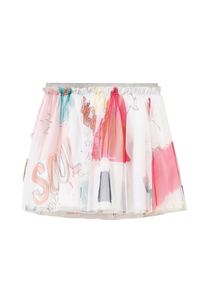 Jupe en tulle dotée d'un motif abstrait multicolore avec des teintes rouges, roses et teal, taille élastique et design à couches.