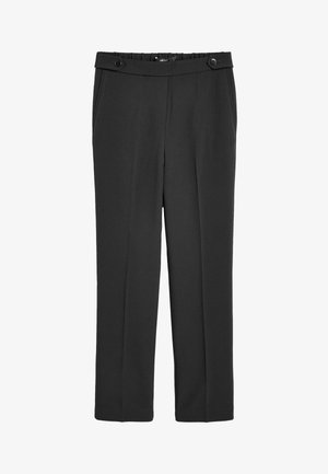 Mustad kohandatud püksid siledast kangast, lame esiosa, kaks külge taskut ja vöökoht kahe nupuga.