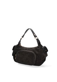 Borsa a spalla in suede nero con finitura testurizzata, forma arrotondata, tasca centrale con zip e manico in pelle regolabile con hardware dorato.