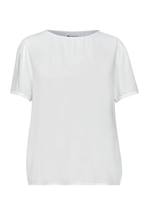 White short-sleeve blouse with slight puff sleeves and a round neckline, made of smooth fabric, designed for casual or formal wear.