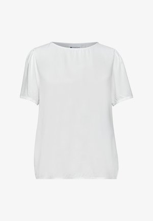 White short-sleeve blouse with slight puff sleeves and a round neckline, made of smooth fabric, designed for casual or formal wear.