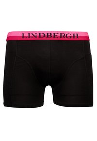 Schwarze Boxershorts mit einem pinken Elastikbund, auf dem das Logo "LINDBERGH" in Schwarz prangt. Glatte Textur und taillierte Passform.
