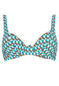 Reggiseno multicolore con un motivo geometrico in turchese, bianco e marrone. Presenta coppe imbottite e spalline regolabili.