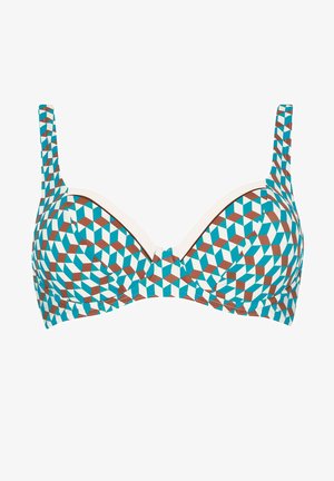 Multikrāsains krūšturis ar ģeometrisku rakstu tirkīza, baltā un brūnā krāsā. Ar mīkstiem kausiem un regulējamiem plecu siksnām.