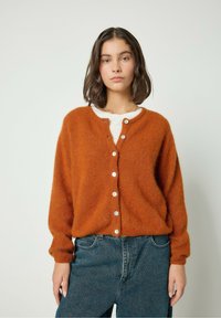 Kuldne, karvane kardigan ringi kaelusega, ees nööpidega ja pikkade varrukatega, koos kõrge vöökohaga siniste teksadega.