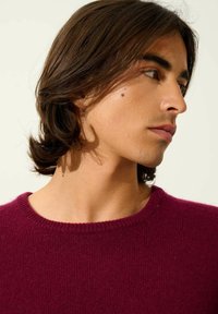 Maglione a girocollo bordeaux in morbido filato testurizzato con orlo a costine. Profilo del modello visibile, che mette in mostra una pelle liscia e capelli a strati.