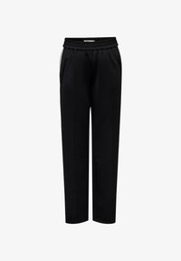 Pantalones negros con cintura elástica, bolsillos laterales y corte recto. Fabricados en una tela suave con un diseño simple y sólido.