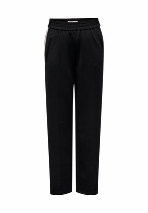 Pantalons noirs avec une taille élastique, poches latérales et coupe droite. Fabriqués en tissu lisse avec un design simple et uni.