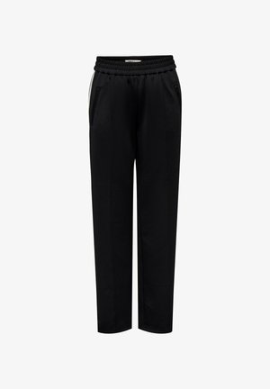 Čierne nohavice s elastickým pásom, bočnými vreckami a rovnom strihom. Vyrobené z hladkej látky s jednoduchým, jednofarebným dizajnom.